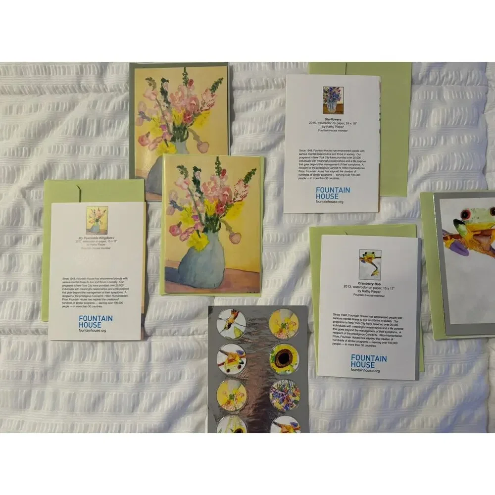 Lot of 6 Greeting Cards Flowers Frogs with Stickers Envelopes Fountain House